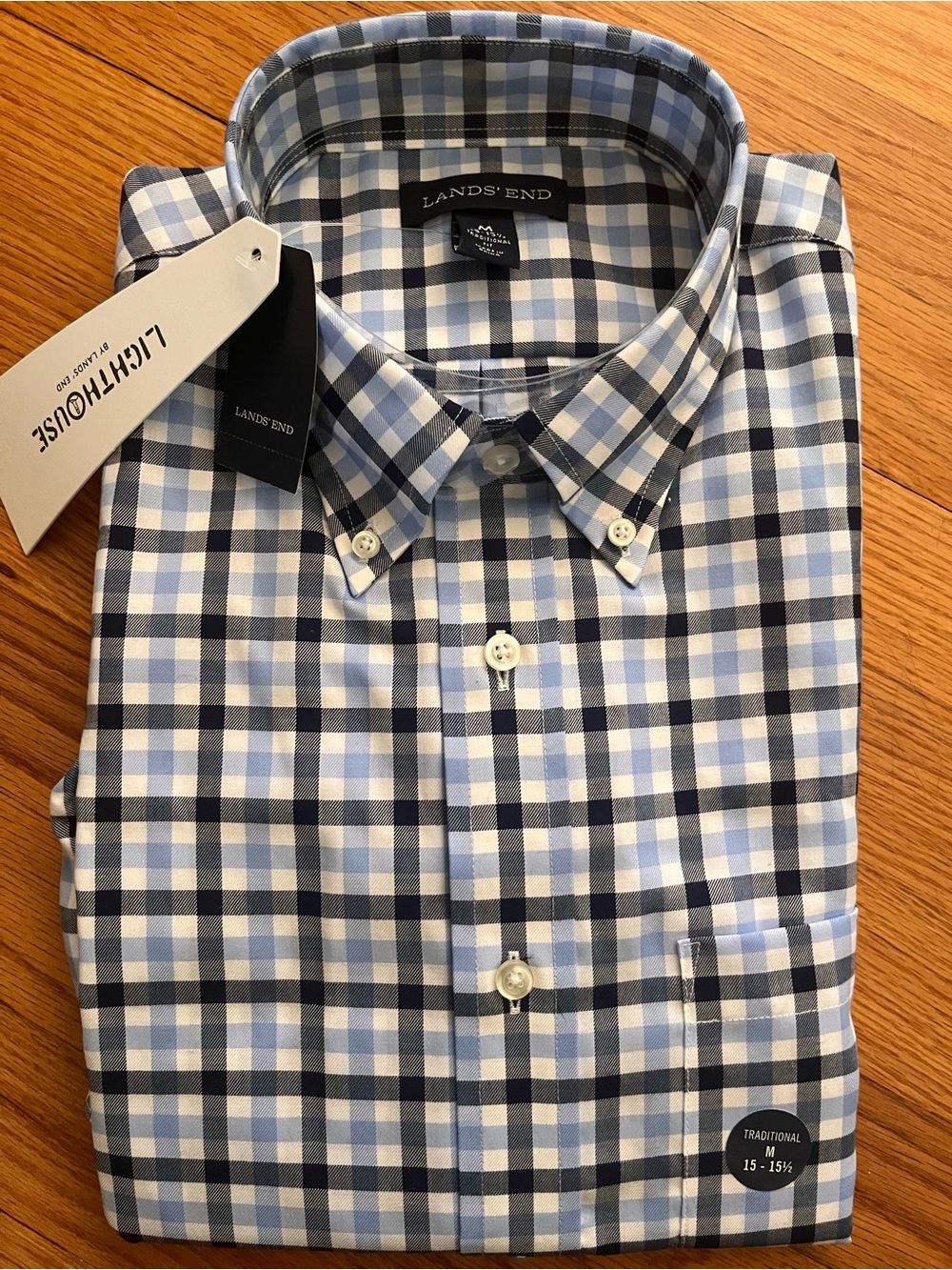 Lands' End Men's Blue and White Plaid Button-Down Shirt Size Medium 15 - 15 1/2